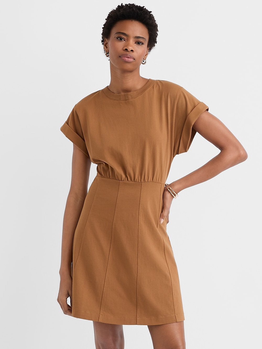 LOFT Seamed Mini Short Sleeve Tee Dress in Camel Brown